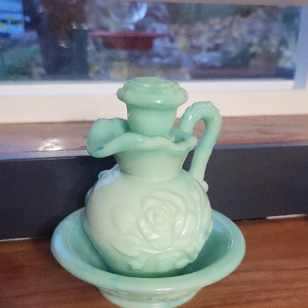 Avon Pastel Green Floral Vase with Matching Dish